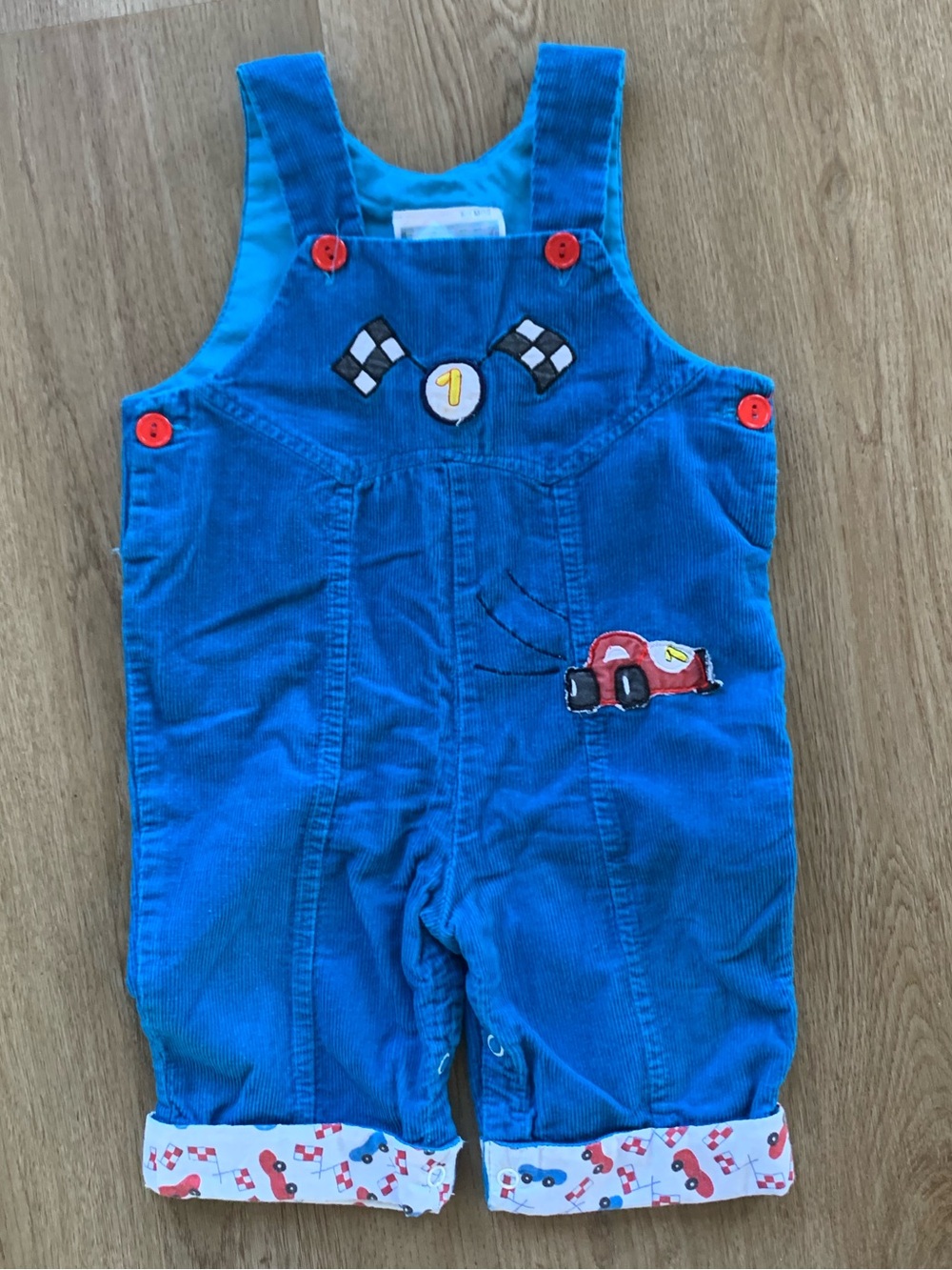 Vintage blue corduroy baby overalls red trucks #1 race cars 6-9 month